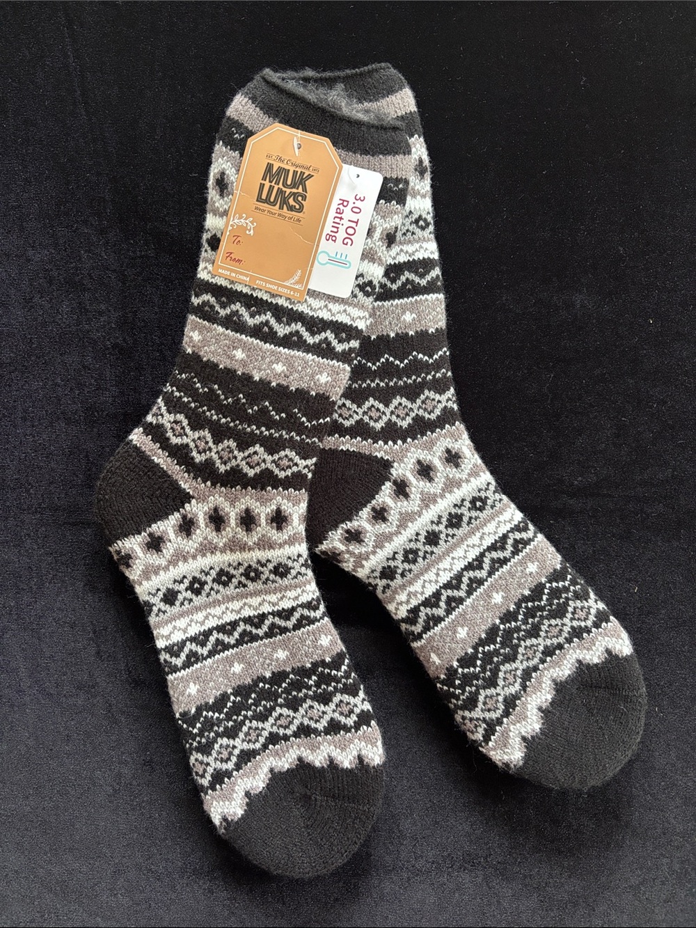 Muk Luks  Black and Brown Fair Isle Thermal Crew Socks